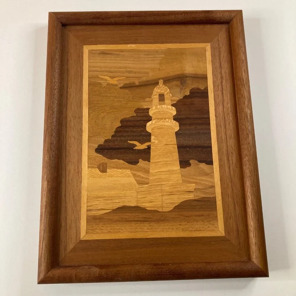 MCM Vintage Framed Marquetry Wood‎ Inlay Wall Hanging Lighthouse 10 x 13